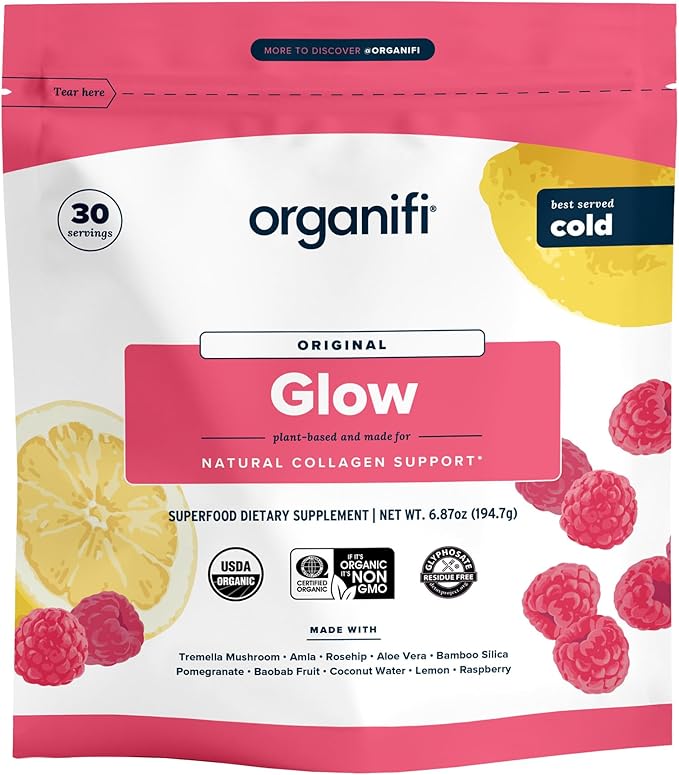 Organifi Glow - Vegan Collagen Powder for Women - Organic Flavored Water Ingredient 30 Servings