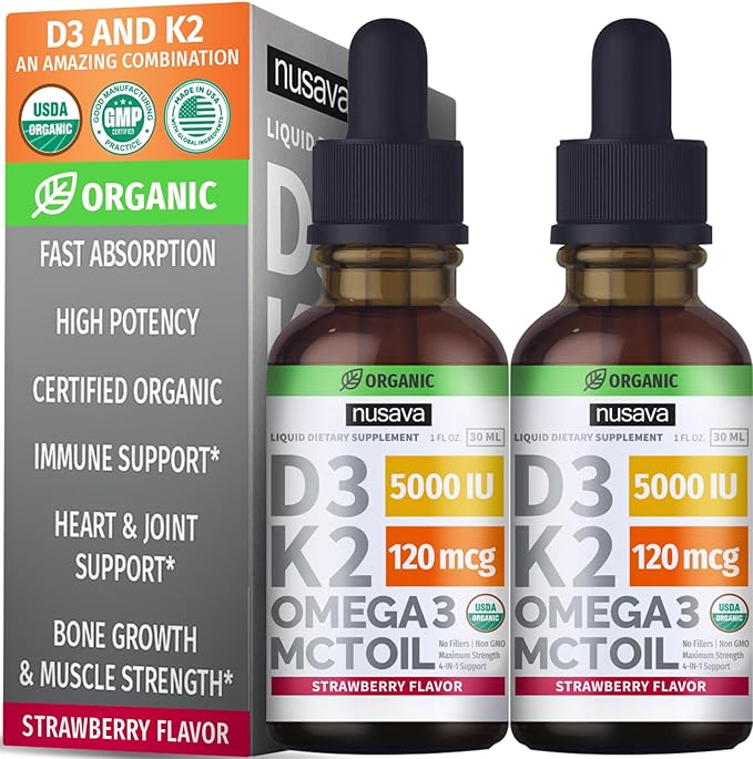 NUSAVA Vitamin B12 Liquid Drops Bundle Strawberry Flavored D3 K2 &amp Vanilla Flavored D3 K2 - Potent Liquid Vitamins for Heart Energy Brain &amp Immune Support - Non-GMO Gluten-Free 2pk Each