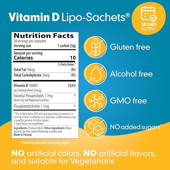 Lipo-Sachets Liposomal Vitamin D3-1000IU Per Serving for Immune System Support - High Absorption Vitamin D - GMO Free No Added Sugar - 30 Liposomal Liquid Vitamin D Packets