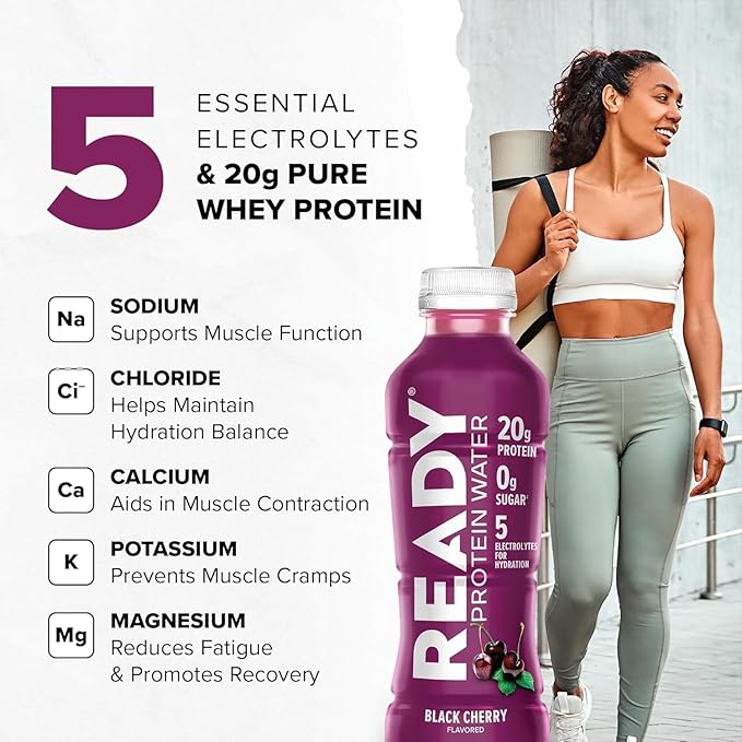 Ready® Clear Protein Water - 20g Whey Protein Isolate Zero Sugar Low-Calorie Sports Drink for Hydration &amp Recovery - Electrolytes Essential Amino Acids - 8CT Total - 4CT Black Cherry x2 16.9 f
