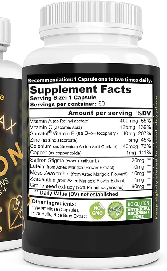 Eye Vitamins Supplement – with Saffron Lutein &amp Zeaxanthin – Nutritional Support for Eye Health 60 Capsules