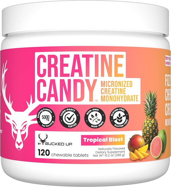 Bucked Up Creatine Candy Tropical Blast | Micronized Creatine Monohydrate | 120 Chewable Tablets 24 Servings | Fizzy Creatine No Water Needed | Non GMO Gluten Free Third Party Tested