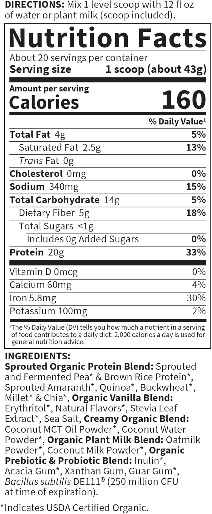 Garden of Life Creamy Plant Protein + Oat Milk Powder + Vanilla Flavor Vegan Protein Powder – Plant Based Prebiotics &amp Probiotics Gluten-Free Non-GMO Vanilla Cookie Flavor 2 LBS