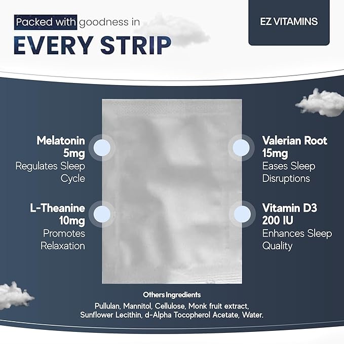 Dissolvable Oral Sleep Strips with 5mg Melatonin Valerian Root L-Theanine Vitamin D3 - Sleep Support Oral Strips with Sleep Mask Fresh Mint Flavor No Water Needed Works Faster Than Gummies 30ct