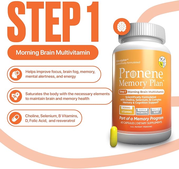 PRONENE Memory Plan: 3 Pack: Morning Brain Multivitamin w/Choline Selenium | Probiotic w/top strains | Deep Sleep Supplement w/melatonin resveratrol Magnesium. 24-hr Memory &amp Brain Support