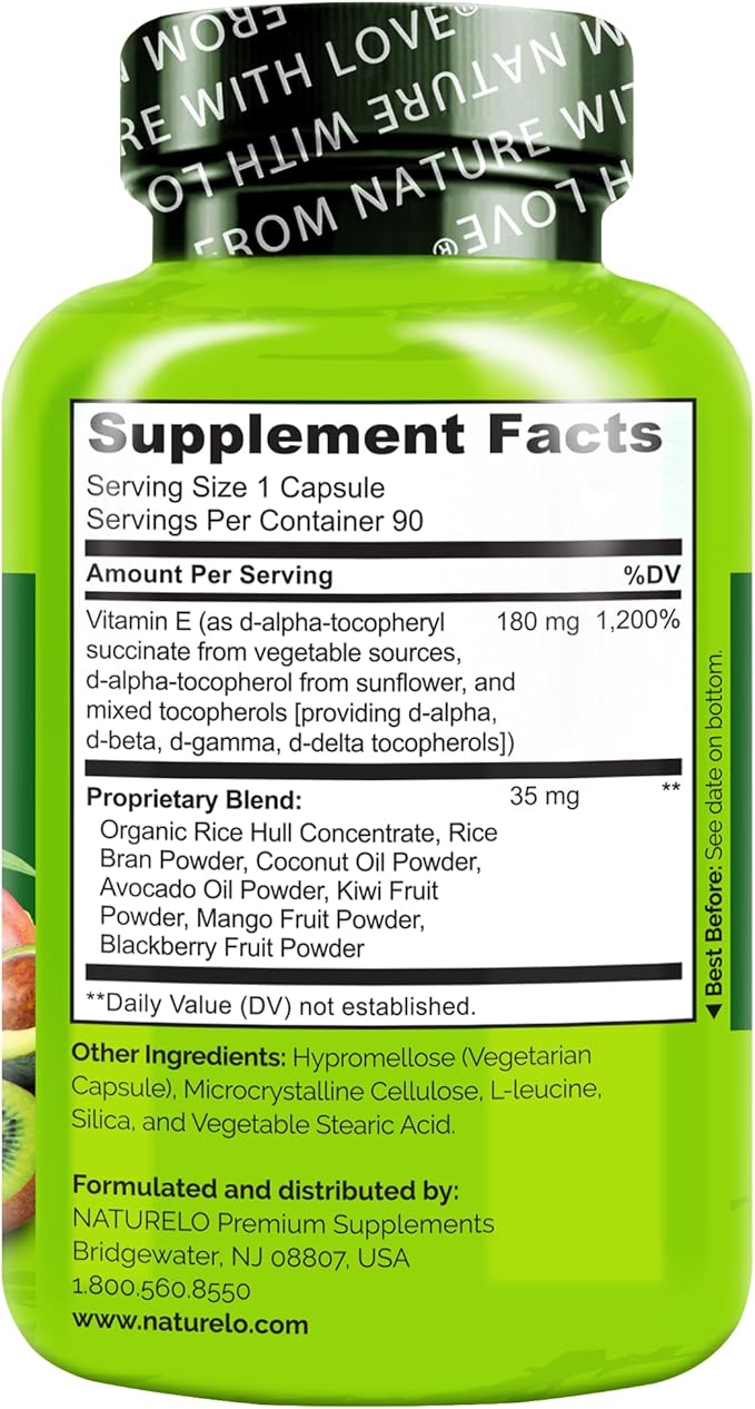 NATURELO Vitamin E Capsules 180 mg - 90 Vegan Capsules | Supports Skin Hair and Nails | Immune and Eye Health | Natural Mixed Tocopherols &amp Whole Foods | Non-GMO Dry Vitamin E