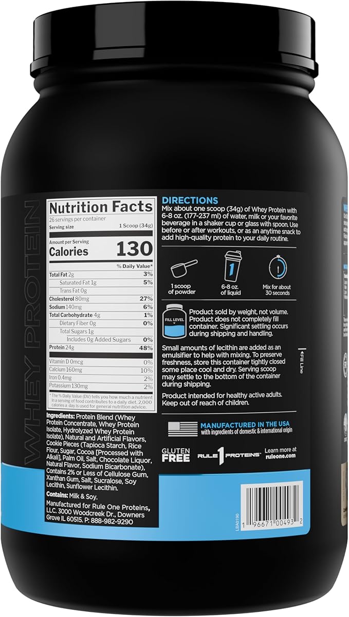 Rule 1 Whey Protein – 24g Fast-Acting Protein from All-Whey Sources with Naturally Occurring EAAs &amp BCAAs for Workout Recovery or Anytime Use (2 Pounds* Cookies &amp Crème)