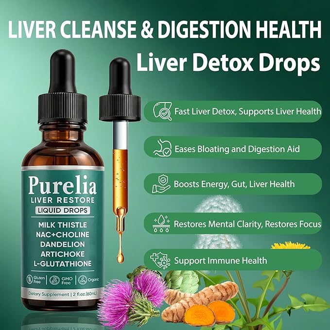 Purelia Liver Restore Drops – Complete Liver Detox Support Supplement with Milk Thistle Dandelion &amp L-Glutathione for Liver Cleanse &amp Digestion Aid Health 2 Fl Oz (1)
