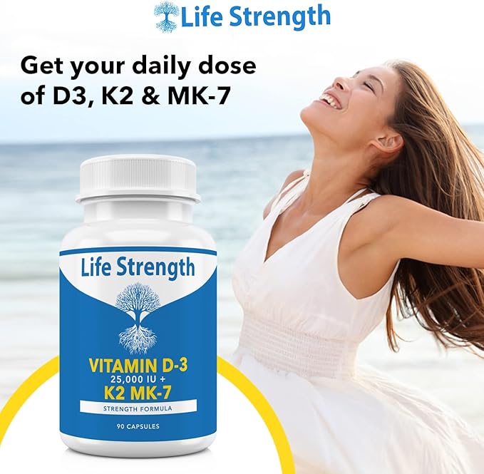Vitamin K2 (MK7) + D3 25000IU Supplement - Extra Strength Non GMO Easy to Swallow No Fillers - Supports Immune &amp Bone Health