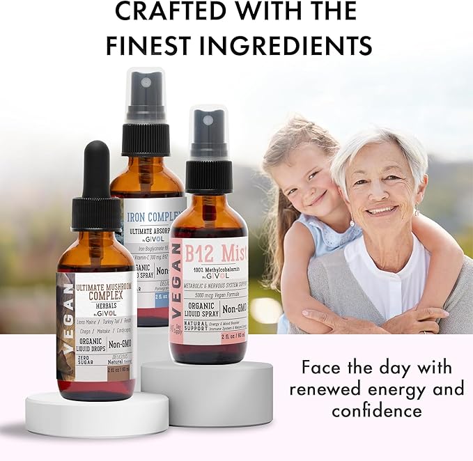 Ultimate Vegan Essential Bundle Liquid Spray- Ultimate Mushroom Complex Iron Bisglycinate and Vitamin B12 Methylcobalamin All Natural Non-GMO Gluten Free Sugar Free 2 Fl Oz 360 Days Supply