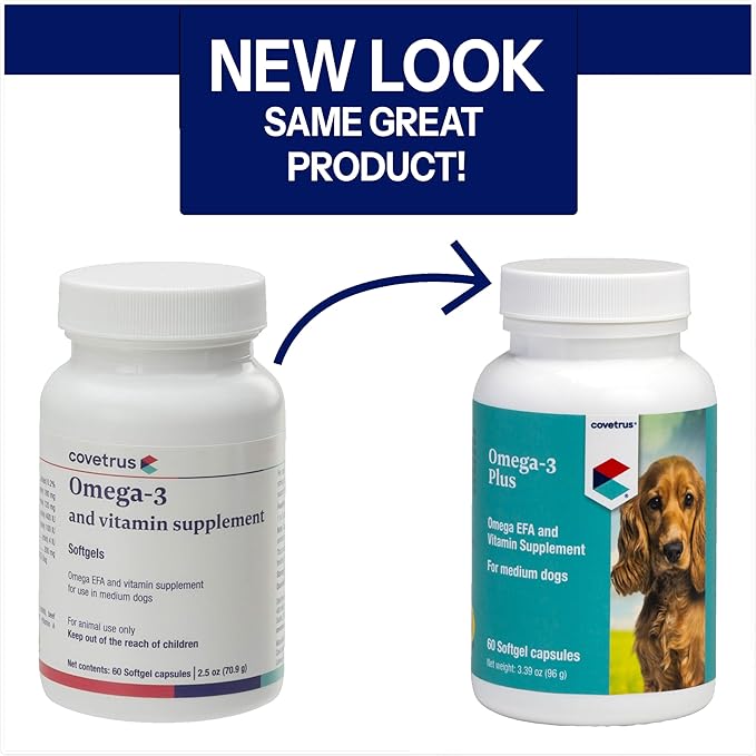 Covetrus Omega-3 Soft Gels for Medium Dogs – Essential Fatty Acids with Vitamins A E &amp D3 – Skin Coat &amp Joint Supplement – 60 Count