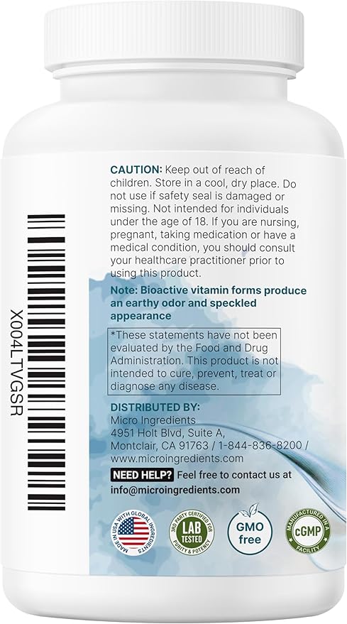 Micro Ingredients 2 Pack Pure Methylated B Complex 480 Capsules | 11-in-1 Formula with B12 Thiamin Folate Inositol Choline &amp Vitamin C | Filler Free | Non-GMO
