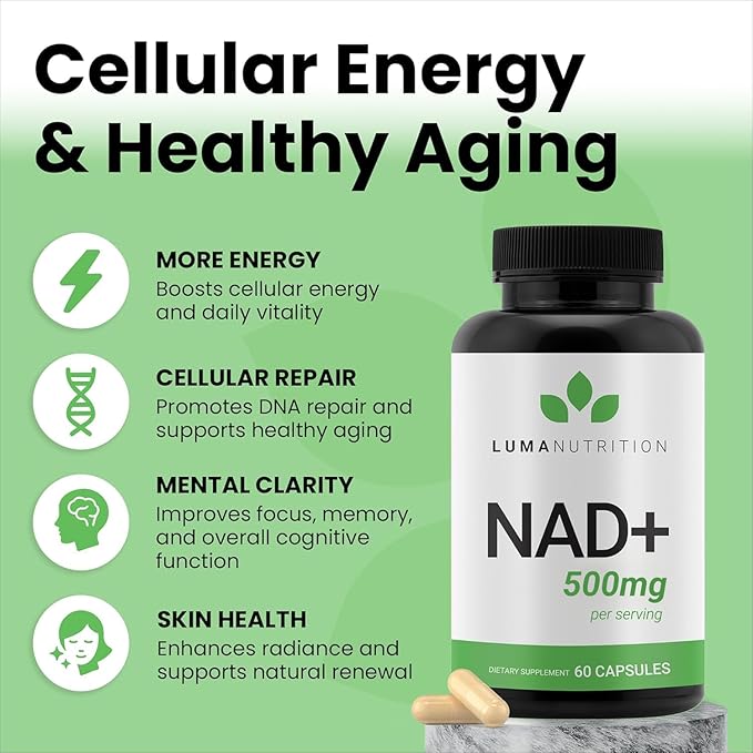 Luma Nutrition NAD+ Supplement 500mg Per Serving (250mg per Capsule) – Aging Plus Energy Metabolism &amp Cellular Support – Pure NAD Supplements for Women &amp Men Made in USA