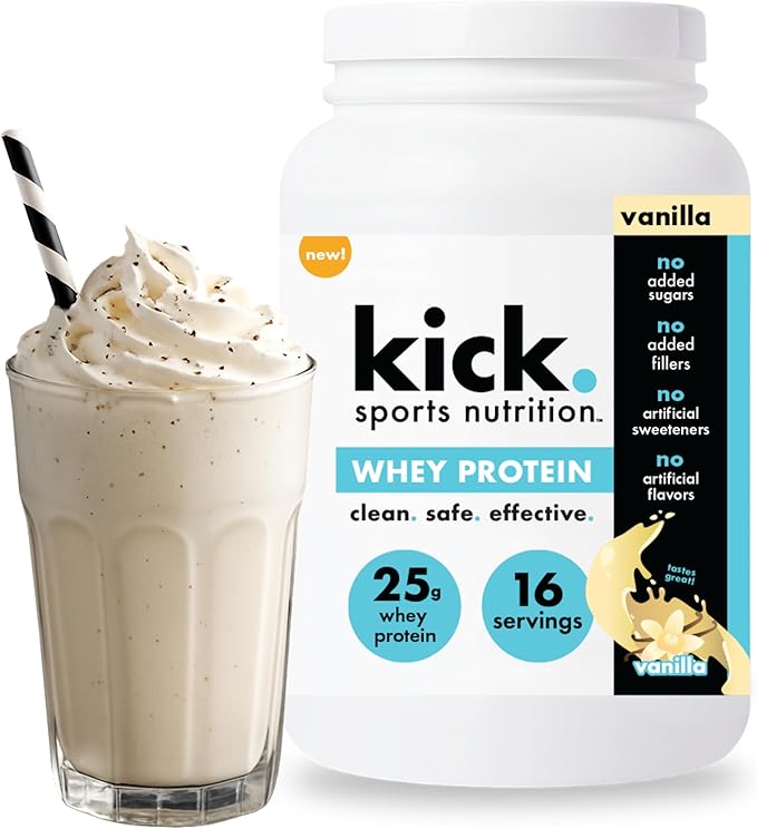 Kick Whey Protein Powder Vanilla Flavor 25 G Protein Gluten Free Workout Supplement With Amino Acids to Support Fitness Goals &amp Digestive Wellness No Added Sugar No Artificial Flavor 16 Serv