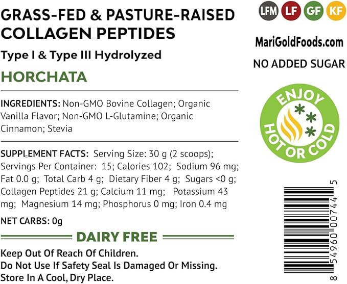 MariGold Grass-fed Collagen Peptides Protein - Horchata 1LB - 100% Pure Type I &amp III Hydrolyzed Bovine Collagen Non-GMO Hormone Free Dairy Free Keto-Friendly Healthy Joints and Skin