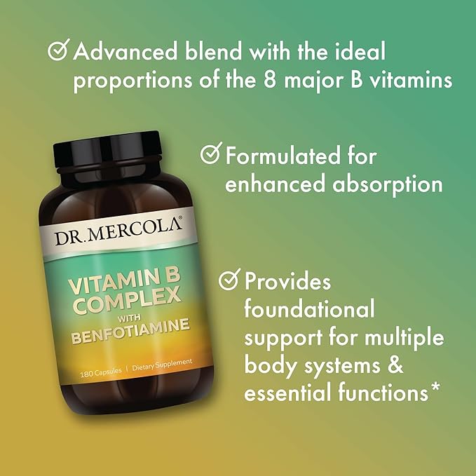 Dr. Mercola Vitamin B Complex with Benfotiamine - Supports Cellular Brain &amp Immune Health - Non-GMO Gluten-Free &amp Soy-Free - 180 Capsules (90 Servings)