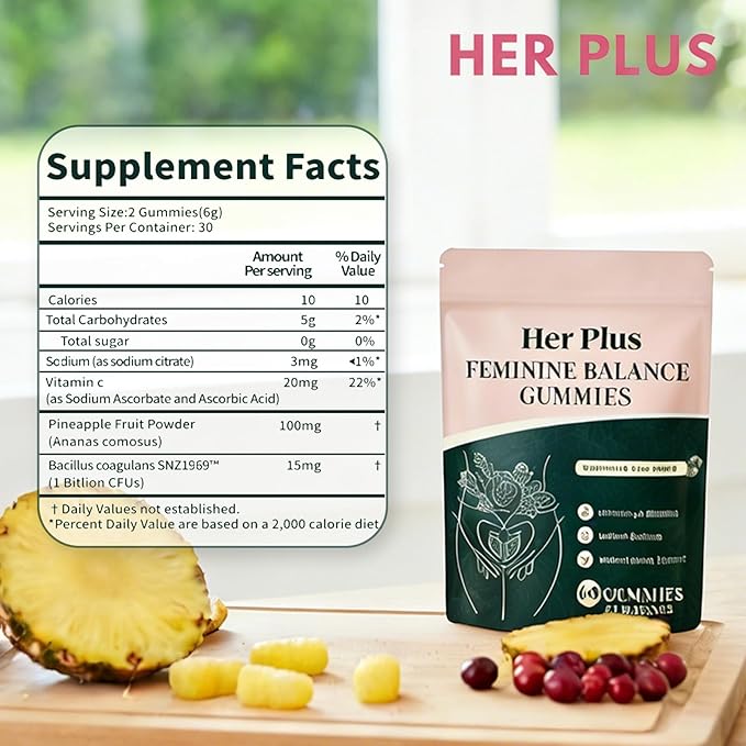 Nutrition Feminine Gummies Premium Feminine Balance Gummies for Women Health Hawaiian Pineapple Flavor Vegan Gluten Free 60 Gummies 30 Servings