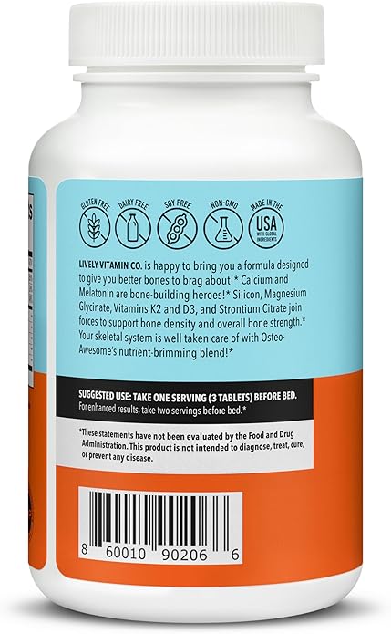 LIVELY VITAMIN CO. Osteo Awesome - Stronger Bones Joints &amp Teeth - Better Bone Density - Calcium D3 Magnesium Boron Silicon Strontium Vitamin K2 Melatonin - 90 Vegetable Capsules