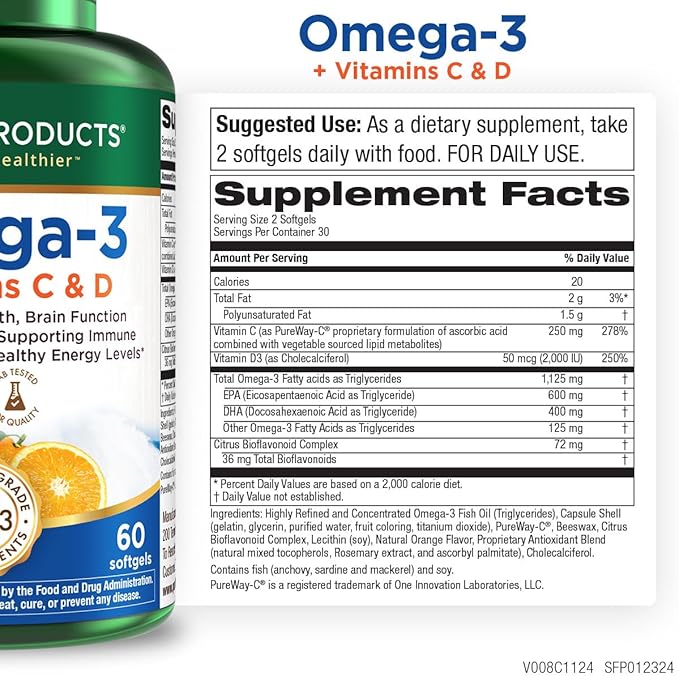 Purity Products - Omega-3 Plus Vitamin C &amp D 60 softgels