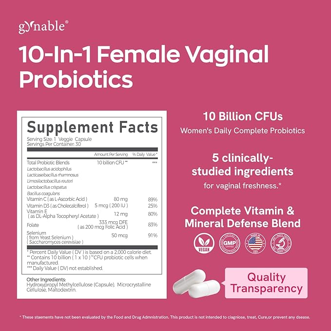 Gynable Vaginal Probiotics for Women Odor &amp Itch Support Urinary | pH Balance Female Probiotics 10 Billion CFU Lactobacillus Probiotics BlendSelenium-Vitamin C/E/D3 Promote Immune Health 30 Co