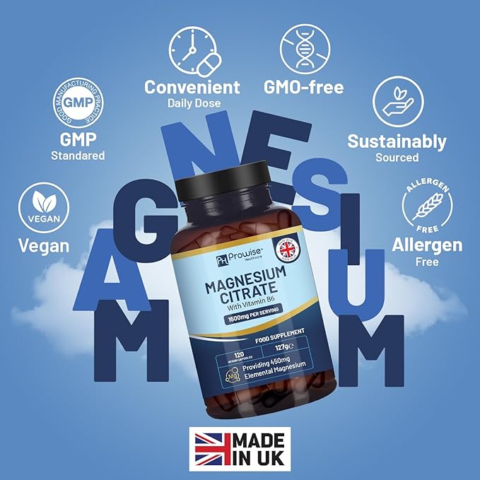 Magnesium Citrate Capsules 1500mg with Vitamin B6 | 120 Vegan Capsules | 450mg Elemental Mg | Capsule not Tablets | Made in UK by Prowise