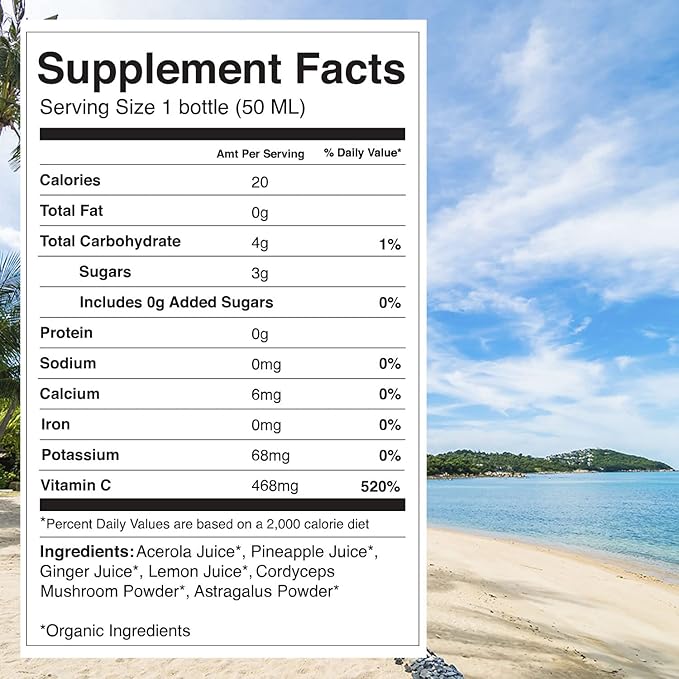 Kor Shot Acerola Ginger and Cordyceps Shot - 24 Pack x 1.7 Fl Oz - Immune Plus - Immune System Booster - 533% DV of Vitamin C - USDA Certified Organic - Dietary Supplement
