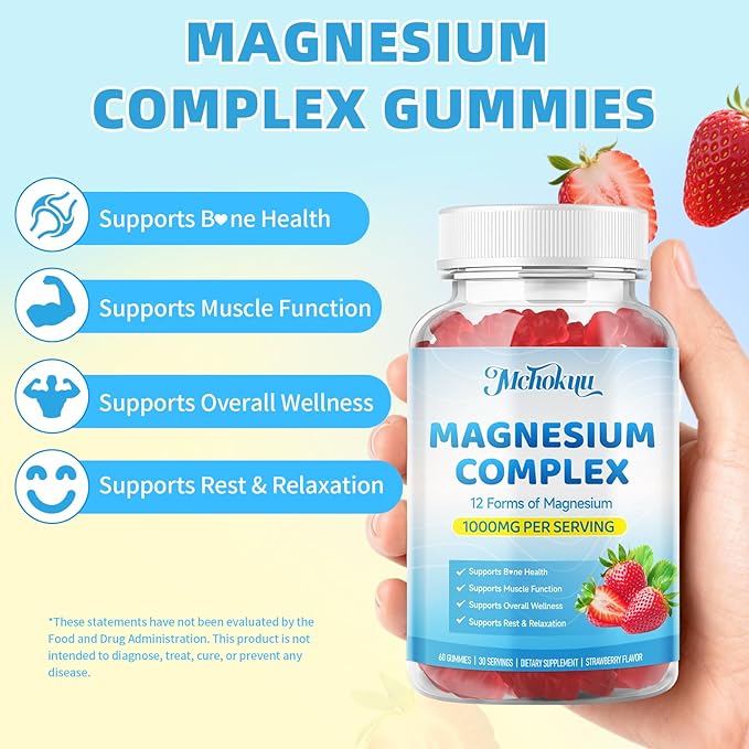 Magnesium Complex Gummies 1000mg | 12-in-1 Magnesium Complex Supplement with Glycinate Citrate Malate &amp Taurate Supports Muscle Function Bone Health Rest &amp Relaxation – Strawberry 120 Cou