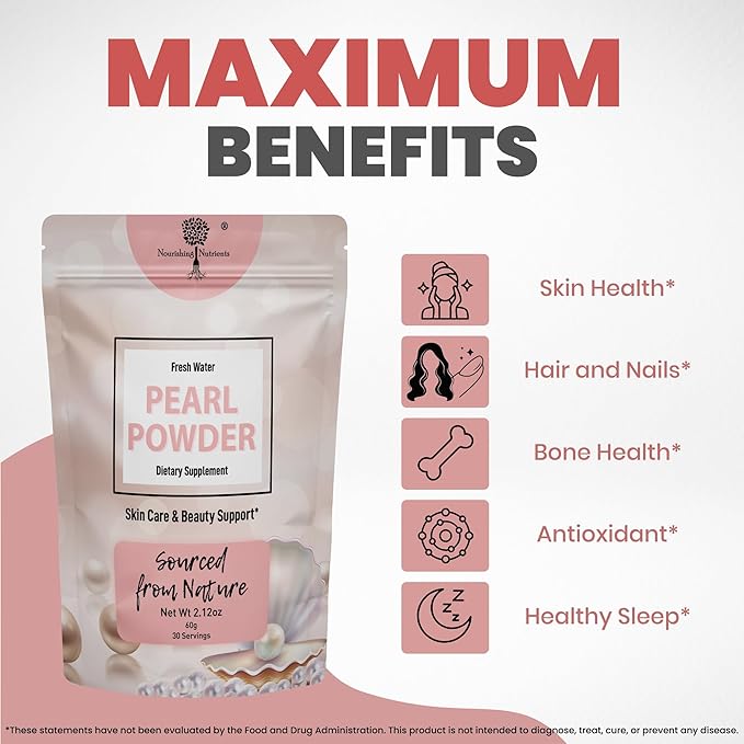 Pearl Powder Supplement for Skin Health - Anti-Aging Antioxidant &amp Collagen Production - Healthy Eyes Hair and Nails Supports Immunity Mood and Sleep - With Calcium and Amino Acids 60g 30 serv