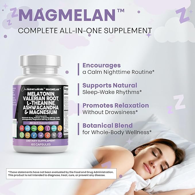 Clean Nutraceuticals Melatonin 10mg Valerian Root L Theanine 200mg Ashwagandha - Sleep Support for Women &amp Men with Magnesium Complex Lemon Balm Chamomile &amp Passion Flower - 60 Caps (Pack o