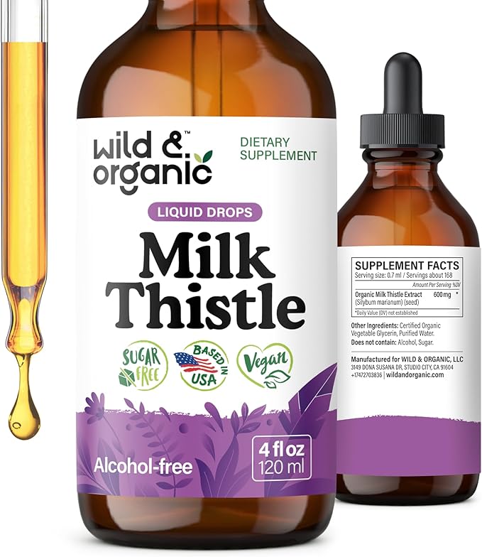 Wild &amp Organic Milk Thistle Liquid Drops - Liver Cleanse Detox - Silymarin Milk Thistle Supplement for Liver Support - Add to Tea - Silybum Marianum Seed Extract Tincture - Sugar &amp Alcohol-Fre