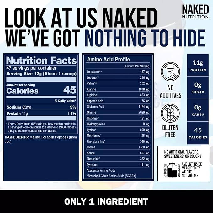NAKED Marine Collagen Peptides Protein Powder - Unflavored - from Wild Caught Cod - Paleo Friendly Non-GMO Soy-Free Gluten-Free - 47 Servings