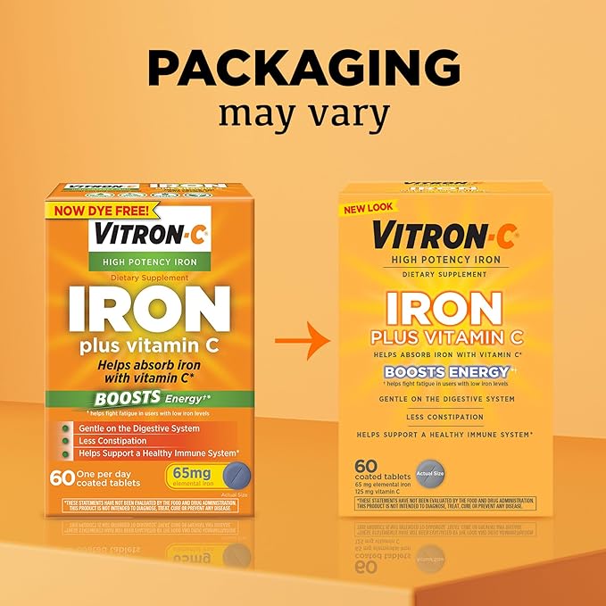 Vitron-C Iron Supplement Once Daily High Potency Iron Plus Vitamin C Support Red Blood Cell Production Dye Free Tablets 60 Count 2 Pack