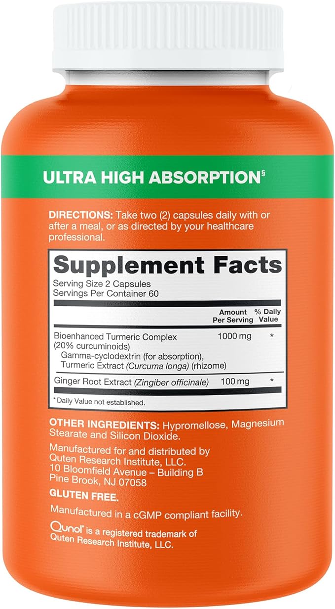 Qunol Turmeric and Ginger Capsules 1000mg Turmeric Supplement Ultra High Absorption to Support Joint Health #1 Doctor Recommended Form of Turmeric Curcumin 120 Count (Pack of 1)