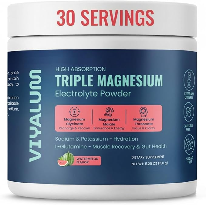 Triple Magnesium Electrolyte Powder | 250 mg High Absorption Magnesium Glycinate Malate &amp Threonate | Sodium &amp Potassium Hydration Mix with L-Glutamine | Zero Sugar | 30 Servings (Watermelon)