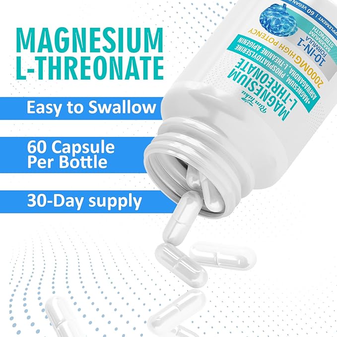 Magnesium L-Threonate 2000mg | 10-in-1 Supplement for Brain Health &amp Cognitive Support | High-Absorption Magnesium Threonate Capsules 120 Count