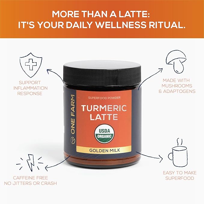 Turmeric Latte Powder - USDA Organic &gt5% Curcuminoid Turmeric Lions Mane Ashwagandha Ginger Cinnamon in a Resealable Glass Jar 45 Servings - Perfect for Making Golden Milk