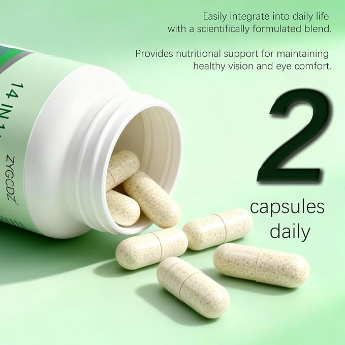 14-in-1 Advanced Eye Vitamin Supplement with Lutein Zeaxanthin Bilberry Extract &amp Zinc for Adults - Supports Vision Macula &amp Blue Light Protection - 60 Capsules (01)