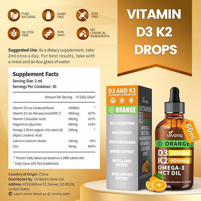 VivoNu Vitamin D3 K2 Drops D3 20000 IU &amp K2 as MK-7 400mcg with Magnesium Calcium Zinc &amp Omega 3 for Immune* Mood* Bone* Health Orange Flavor Vitamin D Liquid Drops Supplement Non-GMO (