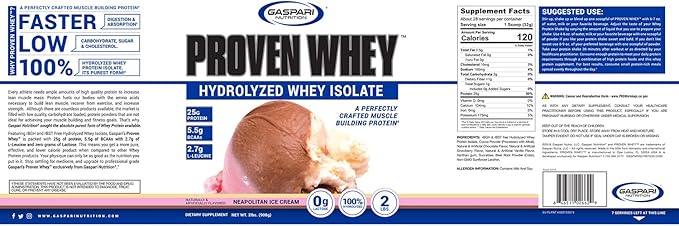 Gaspari Nutrition Proven Whey 100% Hydrolyzed Whey Isolate High Protein Lactose Free Low Carbohydrate and Low Sugar (2lb Neapolitan Ice Cream)