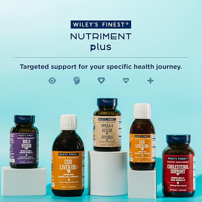 Wiley's Finest Wild Alaskan Fish Oil Vitamin K2 &amp D3 Softgels - 500mg of EPA and DHA Omega-3s for Bone and Heart Health Support - 60 Softgels (60 Servings)