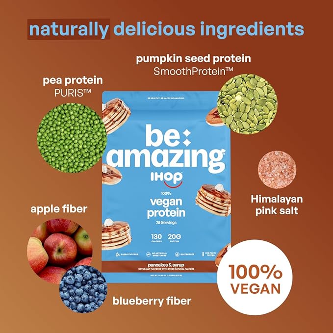 BE AMAZING Vegan Protein Powder IHOP Pancakes &amp Syrup 20g Plant Based Protein with Prebiotic Fiber Low Carb Dairy and Gluten Free Shake Mix No Added Sugar 29.3 oz 25 Servings