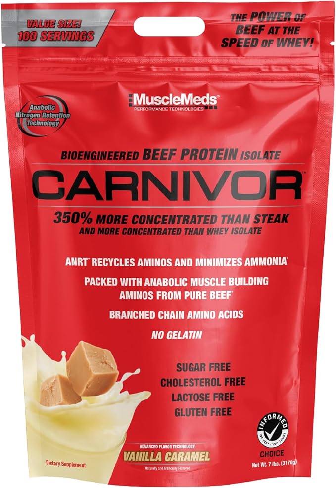 MuscleMeds Carnivor Beef Protein Isolate 0 Lactose 0 Sugar 0 Fat 0 Cholesterol Halal Certified Vanilla Caramel 7 Lb 100 Servings