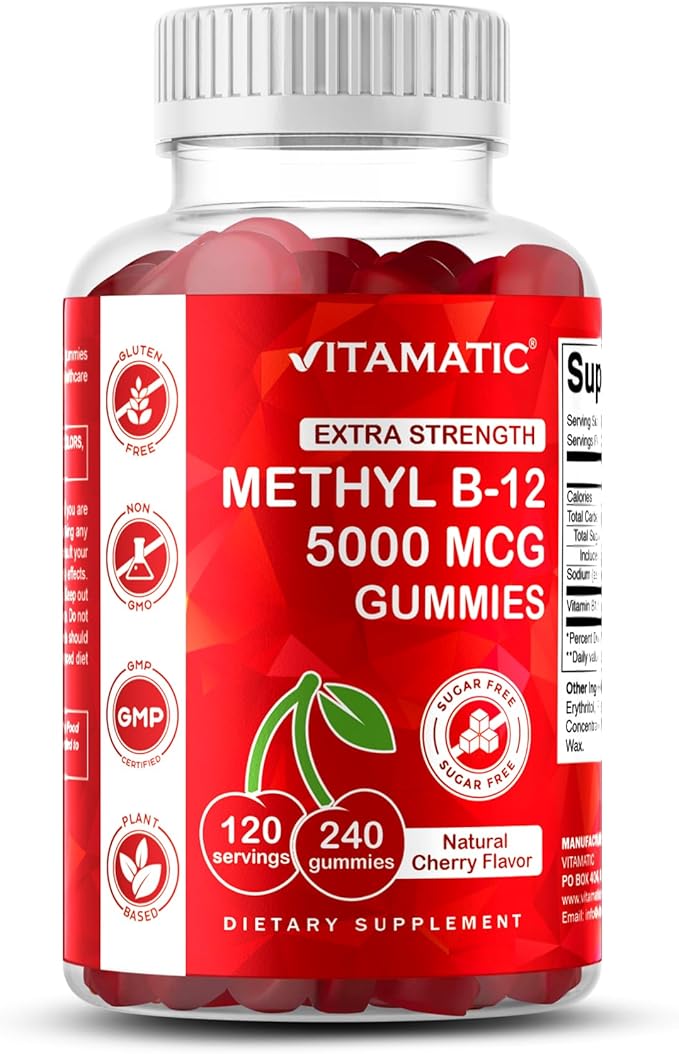 Vitamatic Extra Strength Vitamin B12 5000 mcg (Methyl B12) Gummies - 240 Count Natural Cherry Flavored