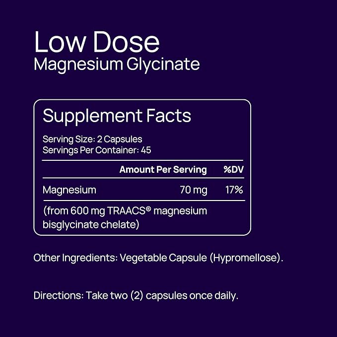 Low Dose Magnesium Glycinate - 70 mg per Serving - 90 Capsules Easy to Swallow