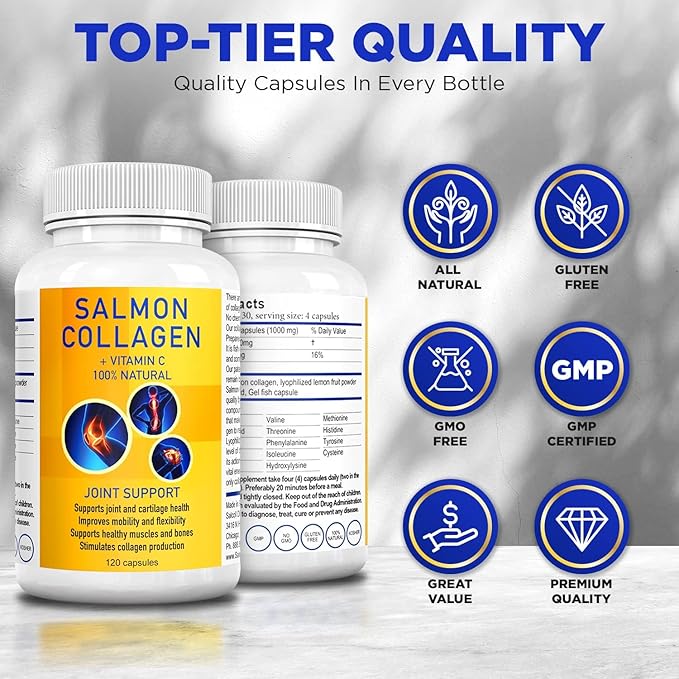 Salcoll Premium Marine Collagen Capsules 120 Count Fish Collagen Supplement for Joint Support Skin Hair &amp Nails