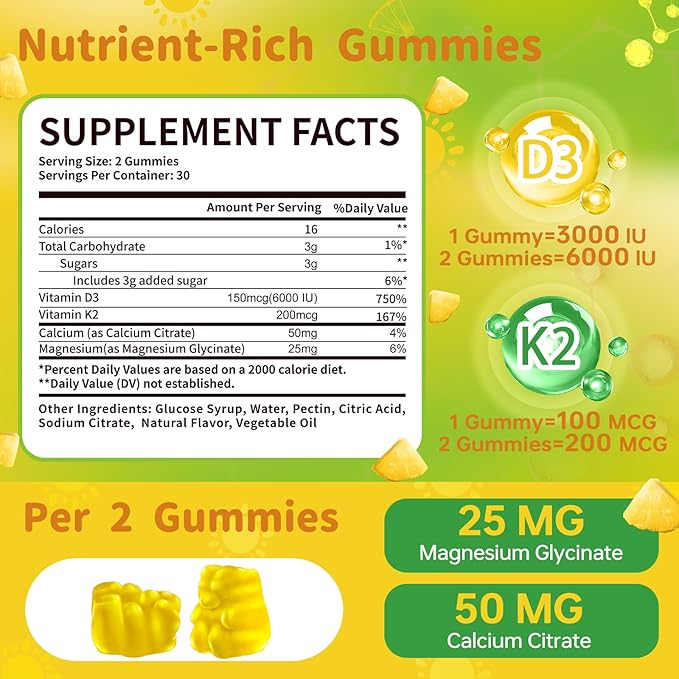 Vitamin D3 K2 Gummies High Absorption 6000 IU D3 + 200mcg K2 (MK-7) with Calcium &amp Magnesium Glycinate Extra Strength for Bone Teeth &amp Immune Support Pineapple Flavor 2-Pack 120 Count