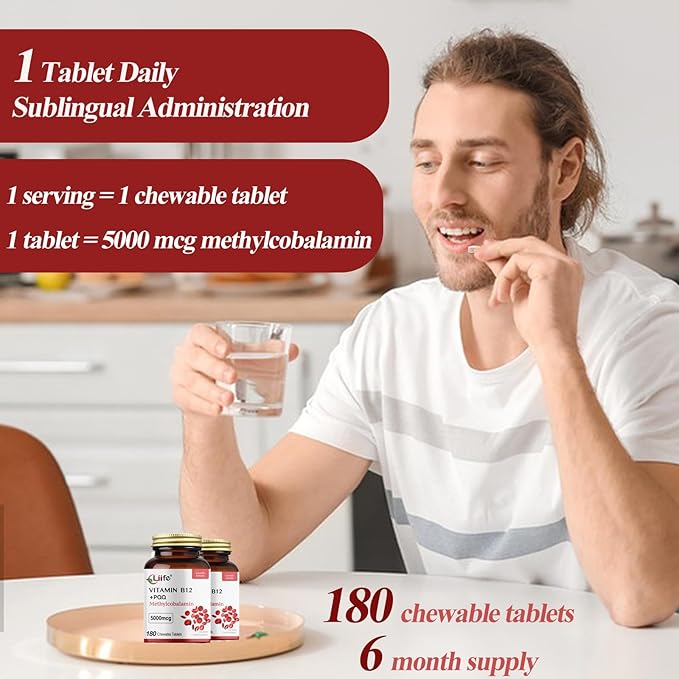 LIIFE Methylcobalamin (Higher PQQ + Vitamin B12) 5000 mcg | Boosts Antioxidant Power &amp Mitochondrial Support Promotes Brain &amp Nerve Health | 180 Chewable Tablets Gluten-Free Formula Cherry