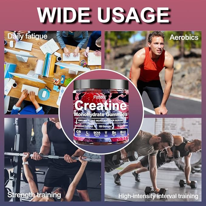 Creatine Monohydrate Gummies Complex 8000mg for Men and Women Containing L-carnitine &amp Taurine Build Muscle Boost Energy Faster Recovery Sugar Free &amp Vegan Raspberry &amp Blackberry 12