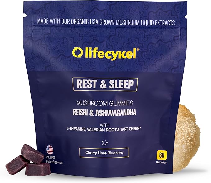 PM Rest &amp Sleep Mushroom Gummies 60 Count - L-theanine Supplement with Reishi Ashwagandha Valerian Root &amp Tart Cherry for Natural Relaxation Mood &amp Improved Sleep - Vegan Non-GMO