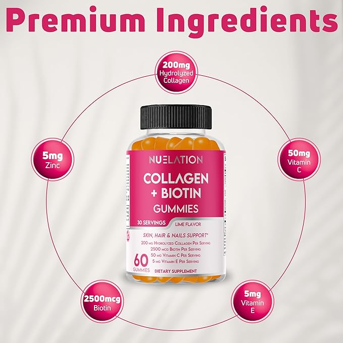 Hydrolyzed Collagen Gummies for Women &amp Men Hair Skin and Nails Support Biotin Collagen Gummies with Vitamins C E &amp Zinc Biotin 2500mcg Lime Flavor Gluten Free Non-GMO 60 Gummies